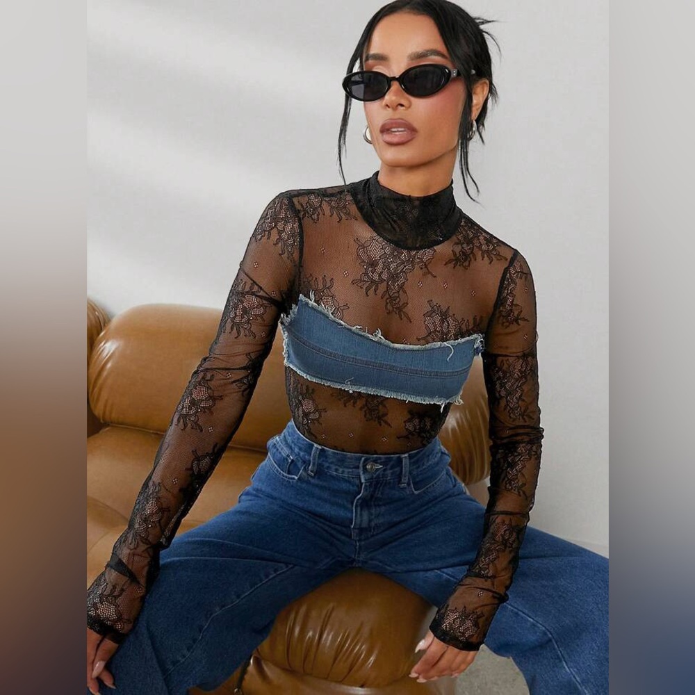 Elegant Black Lace bodysuit with Denim Accent small BRAND NEW trendy sexy